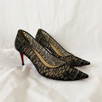 Pre-owned Christian Louboutin Lace Embroidered Low Heel Pumps, 37.5 In Used / 37.5 / Black