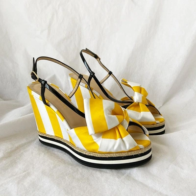 Pre-owned Giannico Satin Yellow And White Striped Wedge Sandals, 38 In Used / 38 / White And Yellow