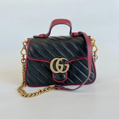 Pre-owned Gucci Black/red Diagonal Quilt Leather Mini Gg Marmont Bag In Default Title