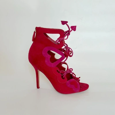 Pre-owned Isa Tapia Pink And Red Lace Up Peep Toe Sandal Heels, 37.5 In Default Title