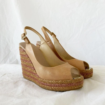 Pre-owned Jimmy Choo Tan Wedge Espadrille Sandals, 38 In Used / 38 / Tan