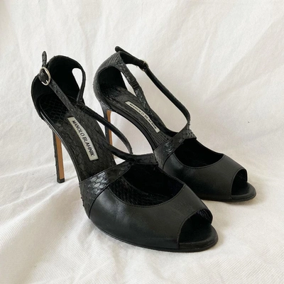 Pre-owned Manolo Blahnik Peep Toe Python Sandal Heels, 41 In Used / 41 / Black