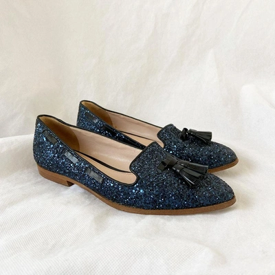 Pre-owned Miu Miu Blue Glitter Smoking Loafer, 37.5 In Used / 37.5 / Blue