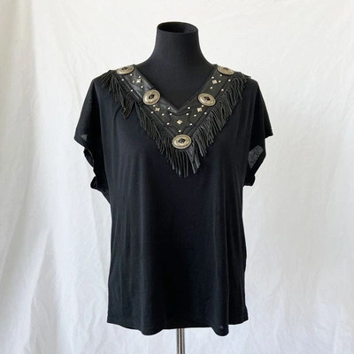 Pre-owned Saint Laurent Western Top Black Leather Metal Studs Concho Fringes In Used / M / Black