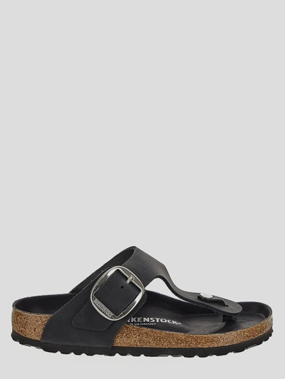 Birkenstock Sandals In <p> Slides In Black Leather With Silver-finish Metal Big Buckle