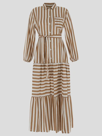 Semicouture Striped Midi Dress With Belt In White