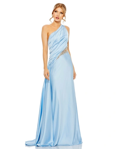 Mac Duggal One Shoulder Embellished Satin Gown In Powder Blue