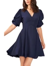 1.STATE WOMENS PUFF SLEEVE V-NECK FIT & FLARE DRESS