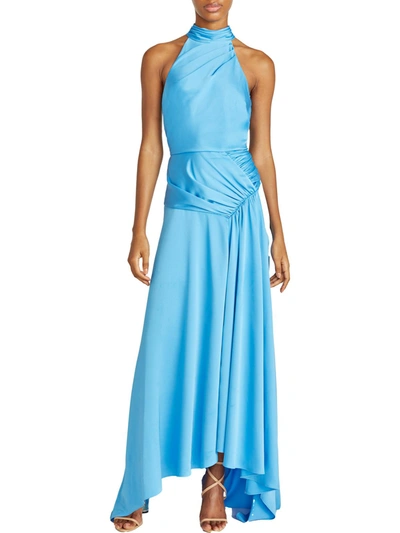 Theia Womens Gathered Hi-low Halter Dress In Blue