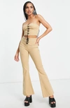 Asos Design Lace Up Detail Flare Pants In Stone - Part Of A Set-neutral In Stone