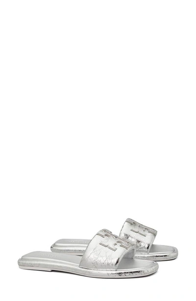Tory Burch Double T Sport Slides In Silver