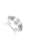 Lagos Ceramic & Sterling Silver White Caviar Diamond Stacking Ring In Silver/ Diamond