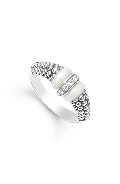 Lagos Ceramic & Sterling Silver White Caviar Diamond Stacking Ring In Silver/ Diamond