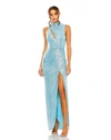 Mac Duggal Sleeveless High Neck Evening Gown In Peacock