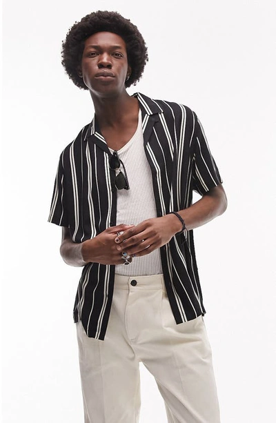 Topman Stripe Short Sleeve Button-up Camp Shirt In Black