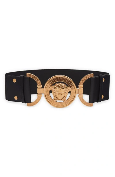 Versace La Medusa Wide Leather Belt In Black,gold
