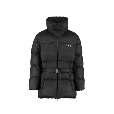 Off-white Black Quilted Down Jacket With Belt And Logo
