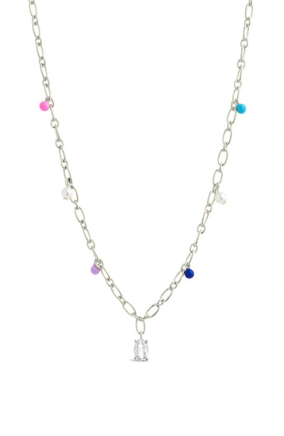 Sterling Forever Rhodium Plated 3mm Pearl Cz Charm Necklace In Silver