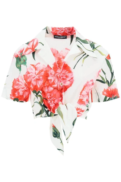Dolce & Gabbana Carnation-print Poplin Shirt With Knot Detail In Multi-colored