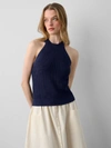 WHITE + WARREN LINEN BLEND CUT IN CREWNECK TANK TOP IN NAVY BLUE