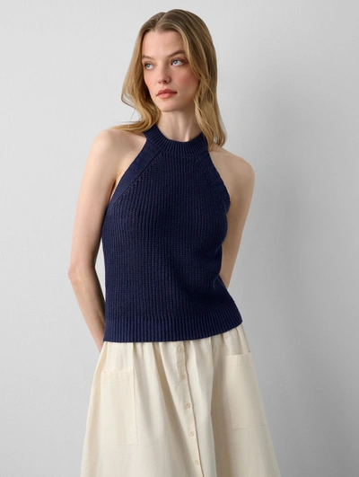 White + Warren Linen Blend Cut In Crewneck Tank Top In Navy Blue