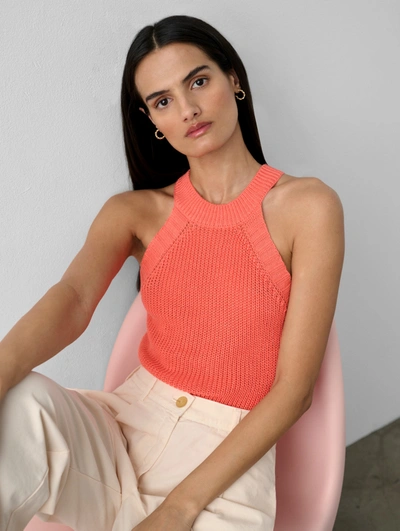 White + Warren Linen Blend Cut In Crewneck Tank Top In Dark Coral