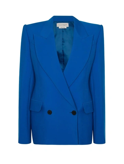 Alexander Mcqueen Double Breasted Wool Blazer In Blue