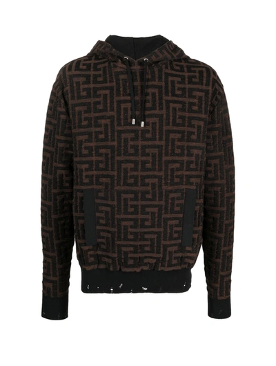 Balmain Monogram-jacquard Cotton Hoodie In Brown,black