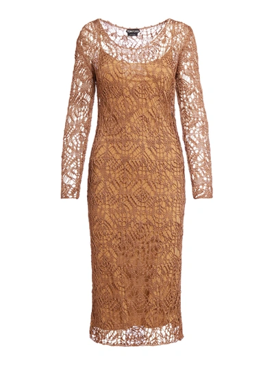 Tom Ford Fine Viscose Lace -3gg Scoop Neck Dress In Brown