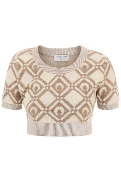 Marine Serre Moon Diamond Chunky Jacquard Crop Sweater In Beige