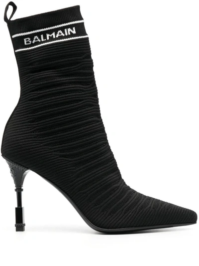Balmain Intarsia-knit 100mm Ankle Boots In Black