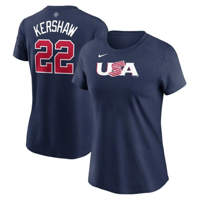 NIKE NIKE CLAYTON KERSHAW NAVY USA BASEBALL 2023 WORLD BASEBALL CLASSIC NAME & NUMBER T-SHIRT