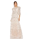 Mac Duggal Floral Applique Puff Sleeve High Neck A-line Gown In Blush