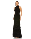MAC DUGGAL JERSEY HALTER GOWN WITH FEATHER TIERED DETAIL