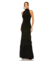 Mac Duggal Halter Gown With Feather Tiered Detail In Black