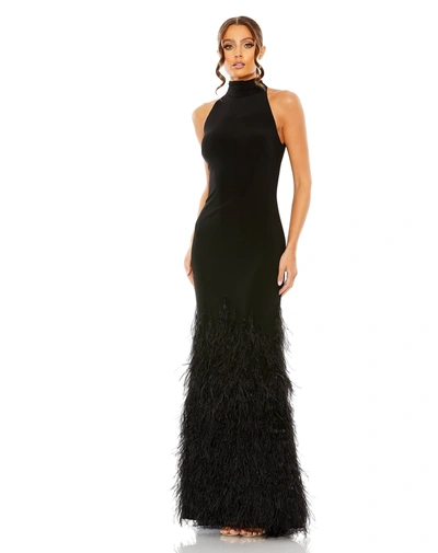 Mac Duggal Halter Gown With Feather Tiered Detail In Black