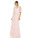 Mac Duggal High Neck Ruffle Tiered Floral Gown In Rose Multi