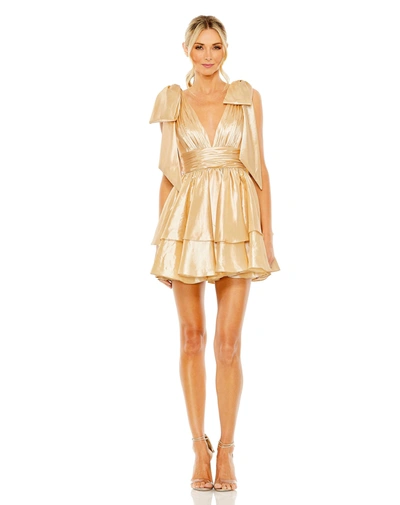 Ieena For Mac Duggal Oversized Bow Deep V Ruffle Mini Dress In Pale Gold