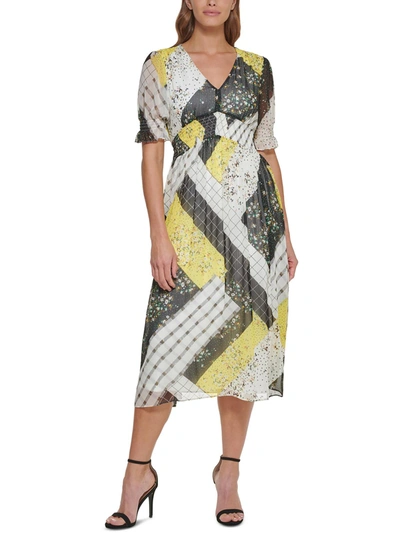 Dkny Womens Patchwork Midi Fit & Flare Dress In Multi
