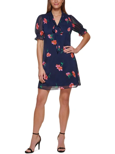 Dkny Womens Floral Print Mini Tie-neck Shift Dress In Multi