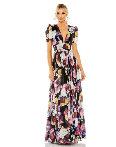 Ieena For Mac Duggal Floral Print Mesh Cap Sleeve Gown In Black Multi