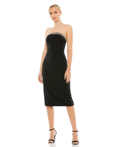 Ieena For Mac Duggal Jeweled Strapless Neckline Fitted Midi Dress In Black