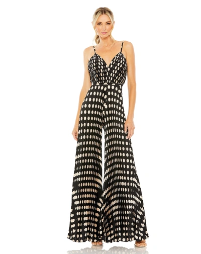 MAC DUGGAL BLACK PLEATED CHARMEUSE POLKA DOT V-NECK JUMPSUIT
