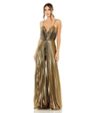 Mac Duggal Pleated V-neck Jumpsuit In Antique Gold