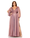 Mac Duggal Puff Sleeve W/ Embellished Cuff V Neck A Line Gown In Antique Rose