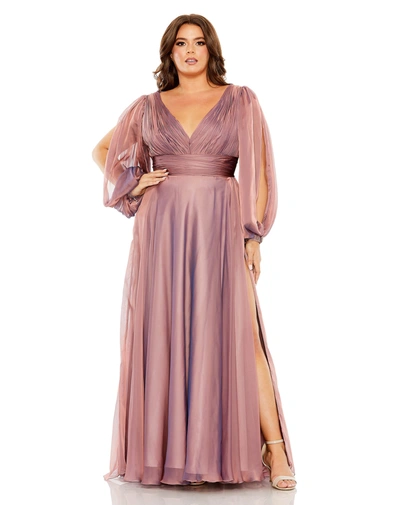 Mac Duggal Puff Sleeve W/ Embellished Cuff V Neck A Line Gown In Antique Rose