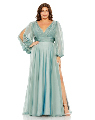 Mac Duggal Puff Sleeve W/ Embellished Cuff V Neck A Line Gown In French Blue