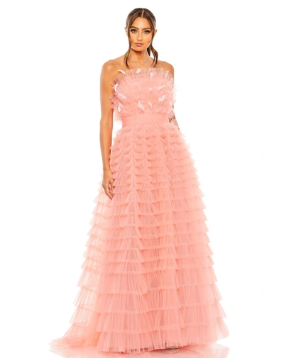 Mac Duggal Slrapless Ruffle Gown With Feathers In Antique Rose