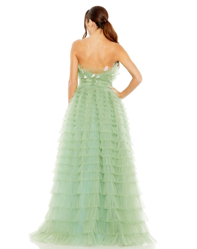 Mac Duggal Slrapless Ruffle Gown With Feathers In Sage