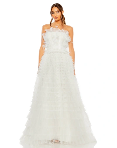 Mac Duggal Slrapless Ruffle Gown With Feathers In White